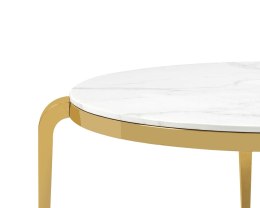 OKRĄGŁY STÓŁ GLAMOUR, ZŁOTE NOGI, BIAŁY BLAT, MARMUR, DO SALONU, ELEGANCKI