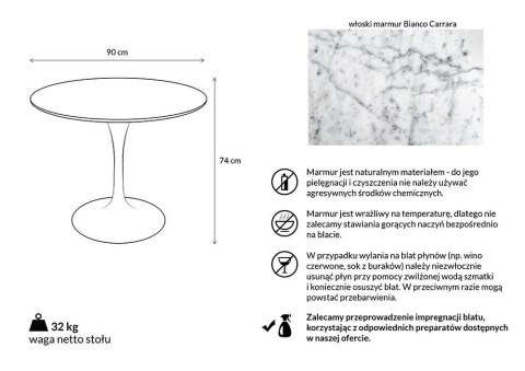 BIAŁY OKRĄGŁY STÓŁ TULIP MARBLE, MARMUROWY BLAT, DO JADALNI, SALONU, 90 CM BIAŁY OKRĄGŁY STÓŁ TULIP MARBLE, MARMUROWY BLAT, DO JADALNI, SALONU, 90 CM