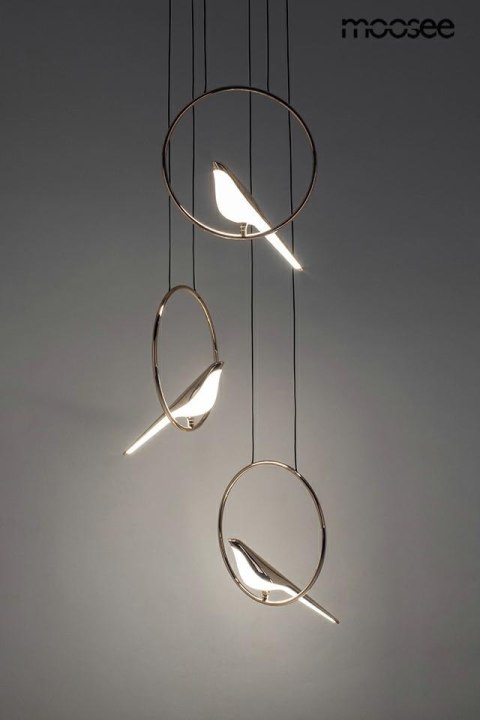 LAMPA WISZĄCA AURAE MOOSEE, ZŁOTA, PTASZKI, DESIGNERSKA, LED 24W, SALON
