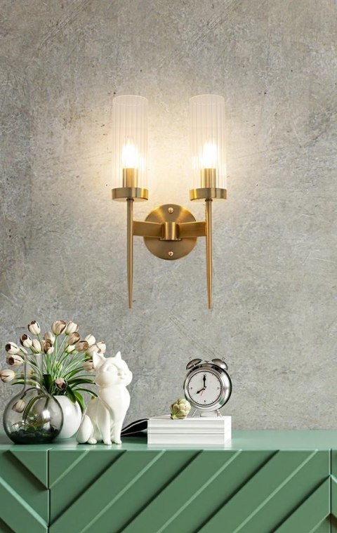 KINKIET LAMPA ŚCIENNA LUMINA, ZŁOTA, GLAMOUR, KRYSZTAŁ, POCHODNIA, 2XE14