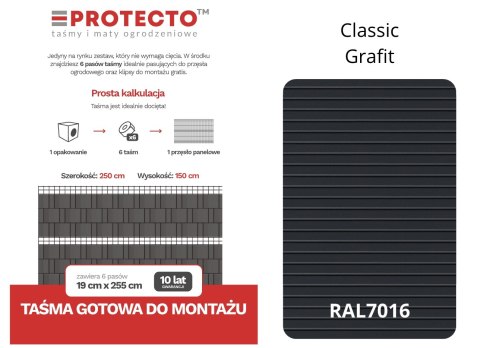 Taśma ogrodzeniowa PASKI 6 x 2,55mb CLASSIC 19cm PROTECTO GRAFIT + 12 klipsów GRATIS Taśma ogrodzeniowa PASKI 6 x 2,55mb CLASSIC 19cm PROTECTO GRAFIT + 12 klipsów GRATIS