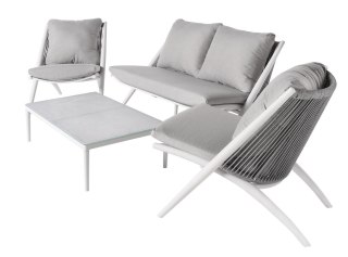 BIAŁY ZESTAW MEBLI OGRODOWYCH BERI, SOFA, FOTELE, STOLIK, NA TARAS, KOMPLET