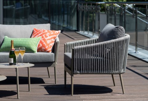 SZARY ZESTAW MEBLI OGRODOWYCH - SERENITY, SOFA, FOTELE, STOLIKI, EKSKLUZYWNY, TKANINA SZARY ZESTAW MEBLI OGRODOWYCH - SERENITY, SOFA, FOTELE, STOLIKI, EKSKLUZYWNY, TKANINA