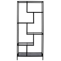 INDUSTRIALNY CZARNY REGAŁ NA KSIĄŻKI, METALOWY, SZKLANE PÓŁKI, 180 CM
