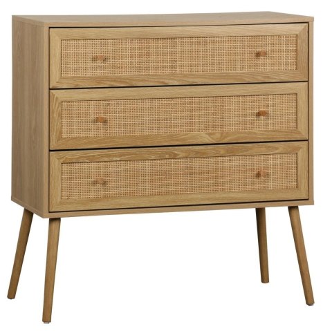 KOMODA SORENA, 3 SZUFLADY, RATTAN, STYL BOHO, JASNY DĄB, DREWNO, SALON