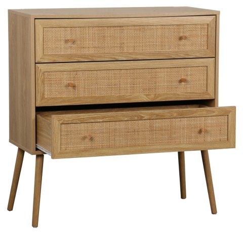 KOMODA SORENA, 3 SZUFLADY, RATTAN, STYL BOHO, JASNY DĄB, DREWNO, SALON