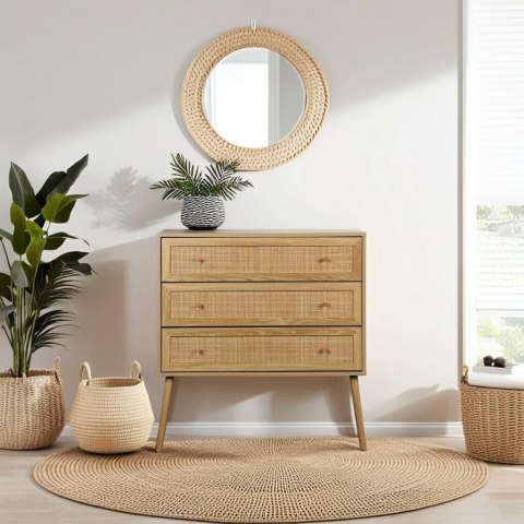 KOMODA SORENA, 3 SZUFLADY, RATTAN, STYL BOHO, JASNY DĄB, DREWNO, SALON
