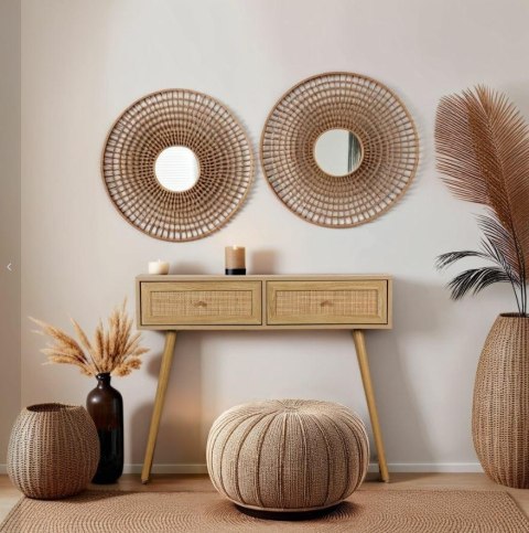KONSOLA SORENA, 2 SZUFLADY, RATTAN, BOHO, DĄB, DREWNIANE NOGI, NOWOCZESNA