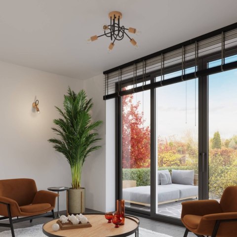 ŻYRANDOL LAMPA SUFITOWA LUMINOS, DREWNO, STAL, LOFT, 5XE27, CZARNY, SALON