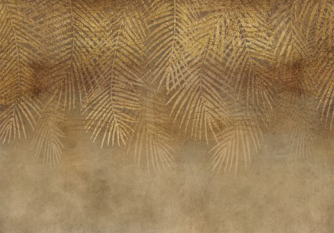 Fototapeta - Abstrakcyjna natura w beżu - kompozycja ze złotymi egzotycznymi liśćmi
