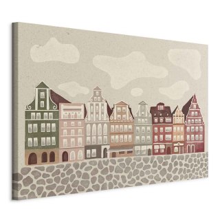 Obraz - Plac Solny - kolorowe ilustrowane kamieniczki na tle nieba z chmurami / Kolorowe Fasady - zabytkowe wrocławskie kamienic