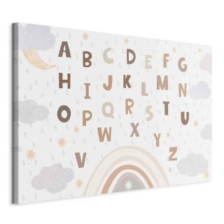 Obraz - Literki ponad tęczą - Literki pośród strug deszczu i chmur z tęczą księżycem i gwiazdkami na jasnym tle/Literki w stonow