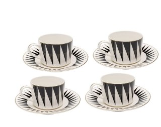 KOMPLET 4 FILIŻANEK KARE LUMINIS, PORCELANA, CZARNO-BIAŁE, ZŁOTE, 220ML