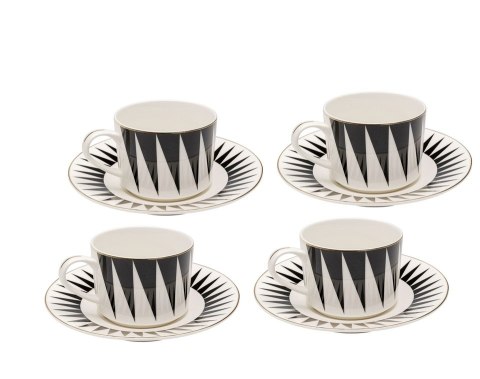 KOMPLET 4 FILIŻANEK KARE LUMINIS, PORCELANA, CZARNO-BIAŁE, ZŁOTE, 220ML