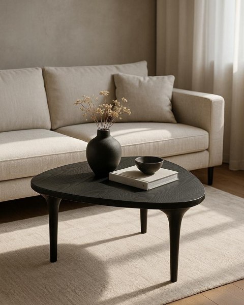 DUŻY CZARNY STOLIK KAWOWY LISBONA, TRÓJKĄTNY, LITE DREWNO, DO SALONU, 90 CM DUŻY CZARNY STOLIK KAWOWY LISBONA, TRÓJKĄTNY, LITE DREWNO, DO SALONU, 90 CM