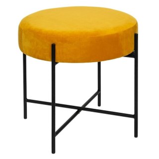 TAPICEROWANY ŻÓŁTY STOŁEK, PUFA GLAMOUR DO SALONU, METALOWE NOGI, ELEGANCKI