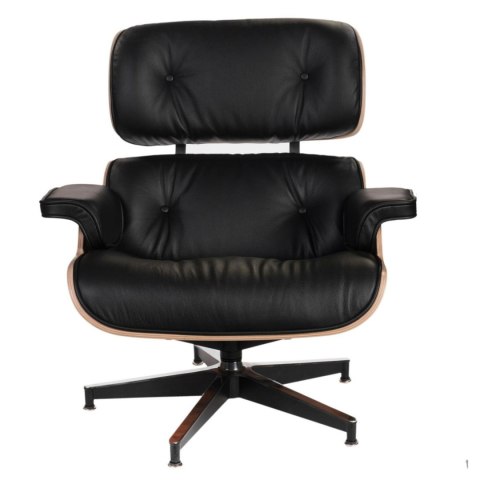 EKSKLUZYWNY FOTEL LOUNGE, CZARNA SKÓRA NATURALNA, DREWNO, CZARNY METAL, OBROTOWY