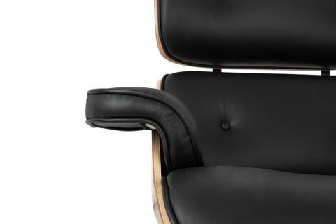 FOTEL LOUNGE, Z PODNÓŻKIEM, DREWNO JESIONOWE, CZARNA SKÓRA NATURALNA