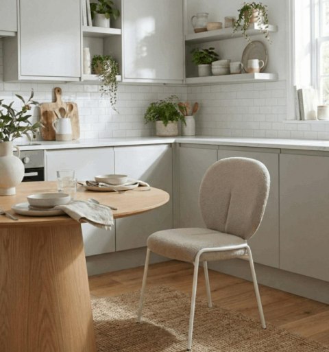 SZARE KRZESŁO MODERN GLAMOUR, DO JADALNI, TKANINA BOUCLE, WYGODNE, METALOWE