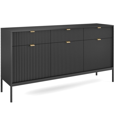 KOMODA AURAE, LAMELE, CZARNE METALOWE NOGI, ZŁOTE UCHWYTY, LOFT, NOWOCZESNA