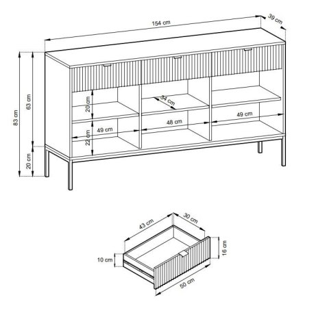 KOMODA AURAE, LAMELE, CZARNE METALOWE NOGI, ZŁOTE UCHWYTY, LOFT, NOWOCZESNA