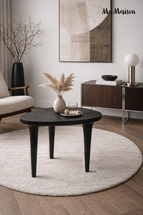 MAŁY CZARNY STOLIK KAWOWY LISBONA, TRÓJKĄTNY, LITE DREWNO, DO SALONU, 50 CM