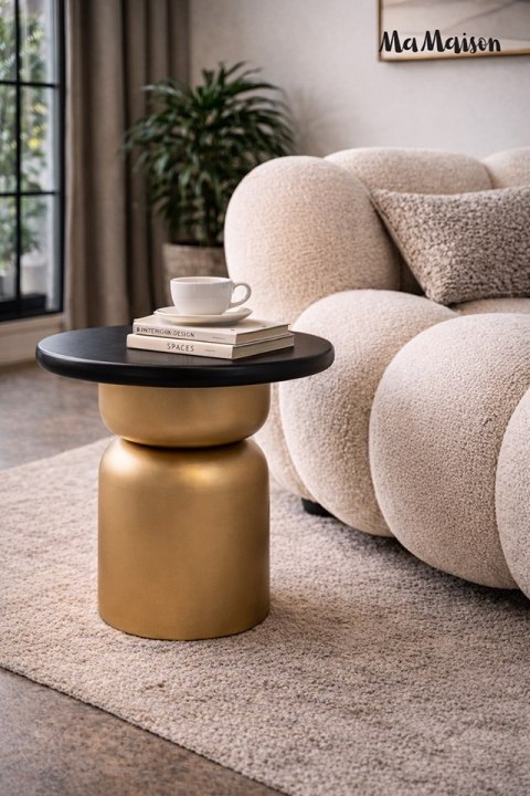 MAŁY OKRĄGŁY STOLIK KAWOWY, CZARNY BLAT, ZŁOTA NOGA, DO SALONU, 40 CM