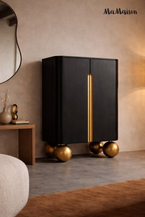 KOMODA TRASPAREN, DREWNO MANGO, CZARNA, ZŁOTA, GLAMOUR, SALON, NOWOCZESNA