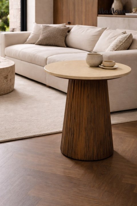 OKRĄGŁY STOLIK KAWOWY, MARMUROWY, LITE DREWNO, DO SALONU, ELEGANCKI, 50 CM