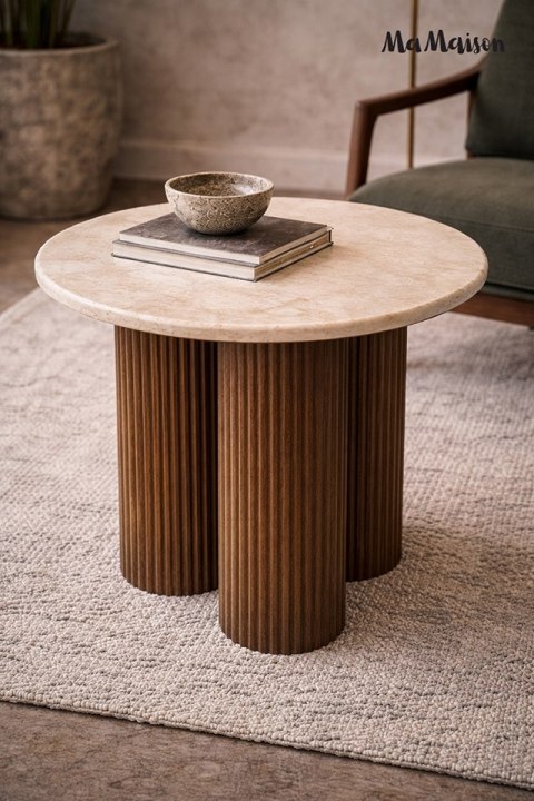 OKRĄGŁY STOLIK KAWOWY PANAMA, MARMUROWY BLAT, LITE DREWNO, DO SALONU, 50 CM