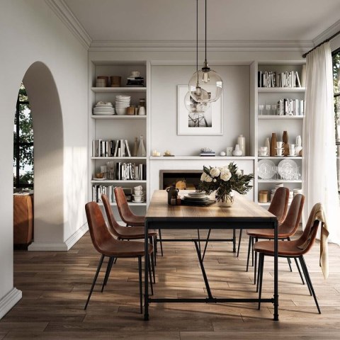 TAPICEROWANE BRĄZOWE KRZESŁO LOFT - TORS, CZARNY METAL, DO JADALNI, SALONU