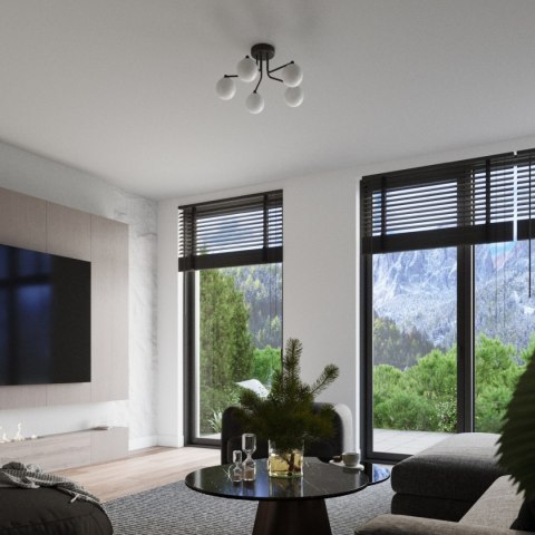 LAMPA SUFITOWA ŻYRANDOL LUMINOS, CZARNA, MODERN, LOFT, SALON, BIAŁY KLOSZ