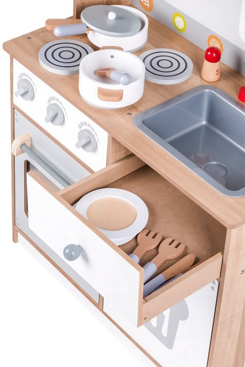 KUCHNIA DREWNIANA DLA DZIECI CUCINA ECOTOYS, DUŻA, 16 AKCESORIÓW, DŹWIĘKI
