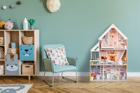 DOMEK DLA LALEK DREWNIANY PALAZZO, 15 MEBELKÓW, DUŻY 126CM, ECOTOYS