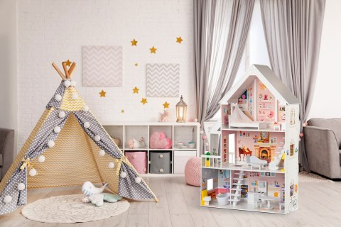 DOMEK DLA LALEK DREWNIANY PALAZZO, 15 MEBELKÓW, DUŻY 126CM, ECOTOYS