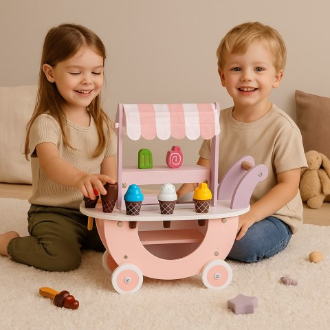 WÓZEK LODZIARNIA DREWNIANA DLA DZIECI, DOLCETTO, LODY NA MAGNESY, ECOTOYS