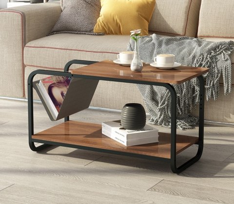 STOLIK KAWOWY LAWA STRUKTURA, LOFT, DO SALONU, Z PÓŁKĄ, CZARNY, DĄB, 87CM