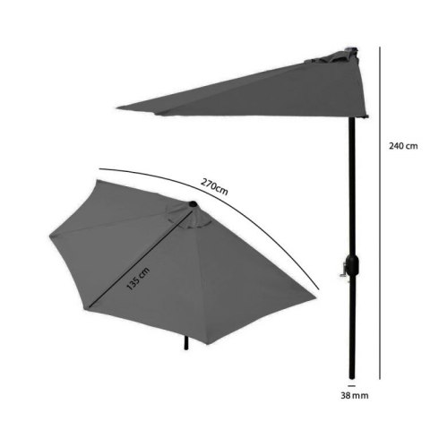 PÓŁPARASOL OGRODOWY BALKONOWY UMBRAE, 270CM, SZARY, ŚCIENNY, Z KORBKĄ