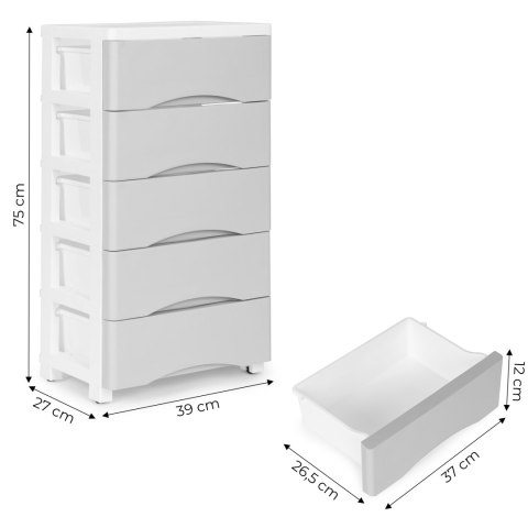 REGAŁ SZAFKA ORGANIA, 5 SZUFLAD, BIAŁY, PÓŁKA, DO SALONU, 75 CM, NA KÓŁKACH