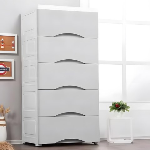 REGAŁ SZAFKA ORGANIA, 5 SZUFLAD, BIAŁY, PÓŁKA, DO SALONU, 75 CM, NA KÓŁKACH