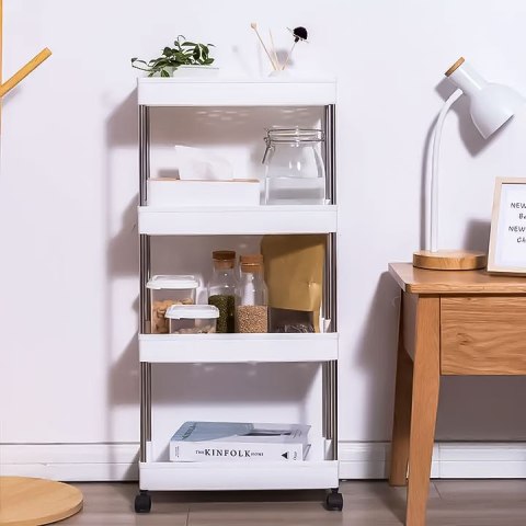 Plastikowy regał łazienkowy z 4 półkami kółka biały ModernHome