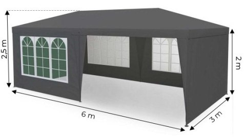PAWILON NAMIOT OGRODOWY 3X6 M, AETHEL, 6 ŚCIAN, SZARY, OKNA, WODOODPORNY