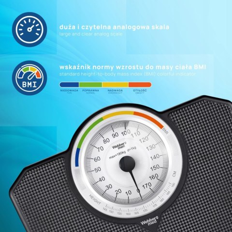 Klasyczna waga łazienkowa mechaniczna analogowa do 180 kg czarna WEBBER BMI