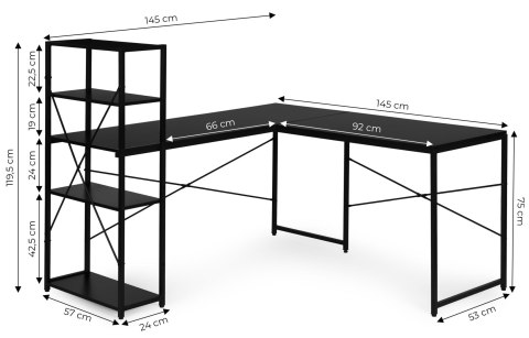 BIURKO NAROŻNE Z REGAŁEM NEXUS, LOFT, GAMINGOWE, PÓŁKI, 145X145, MODERNHOME