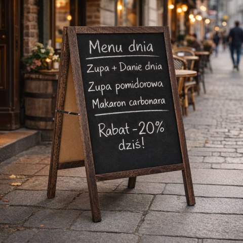 POTYKACZ REKLAMOWY DWUSTRONNY SIGNARE, TABLICA KREDOWA, DREWNIANY, STOJAK