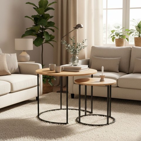 STOLIK KAWOWY METALLO, ZESTAW, ŁAWA, LOFT, DĄB, CZARNY, OKRĄGŁY, DO SALONU