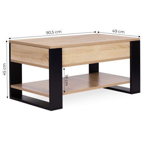 Stolik kawowy rozkładany blat podnoszony 90 cm schowek półka dąb sonoma ModernHome