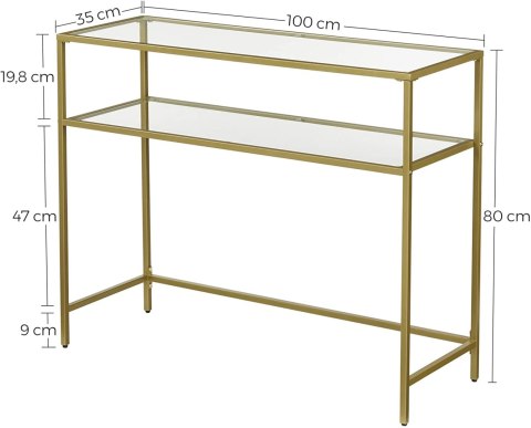 KONSOLA STOLIK LUVIA, ZŁOTY, SZKLANY, LOFT, DO SALONU, Z PÓŁKĄ, 100 CM