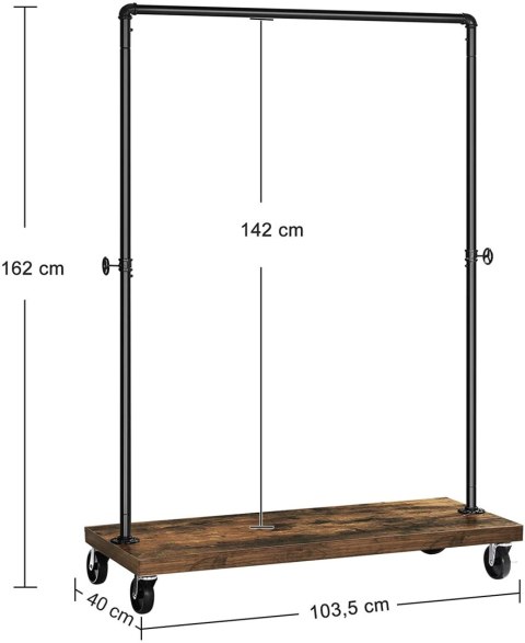 WIESZAK NA UBRANIA ORDRE, STOJĄCY, NA KÓŁKACH, Z PÓŁKĄ, LOFT, METALOWY