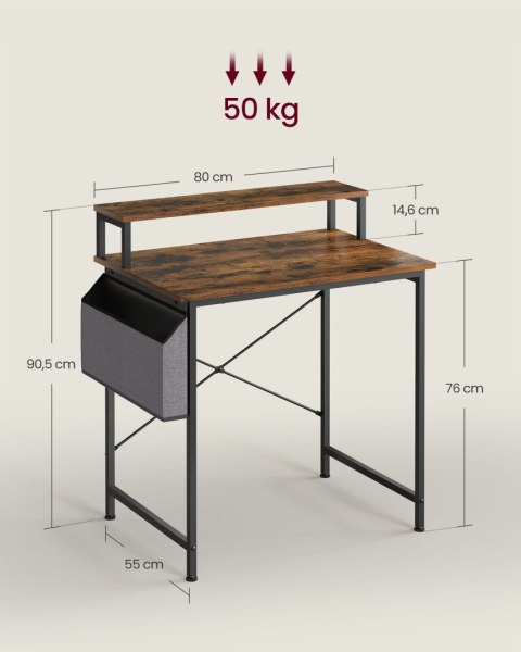 BIURKO KOMPUTEROWE LOFT RUSTYKALNE RUSTIQUE, Z TORBĄ, BRĄZOWE, CZARNE, 80CM